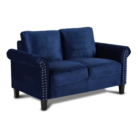 Judy 60 Inch Velvet Upholstered Loveseat with Nailhead Trim, Blue- Saltoro Sherpi