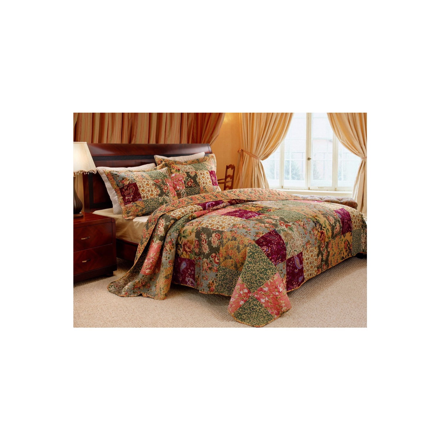 Multicolor Floral Patchwork King Microfiber Quilt Set