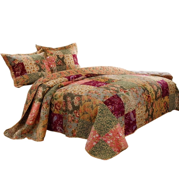 Benjara Kamet 3 Piece Fabric Queen Size Quilt Set with Floral Prints, Multicolor