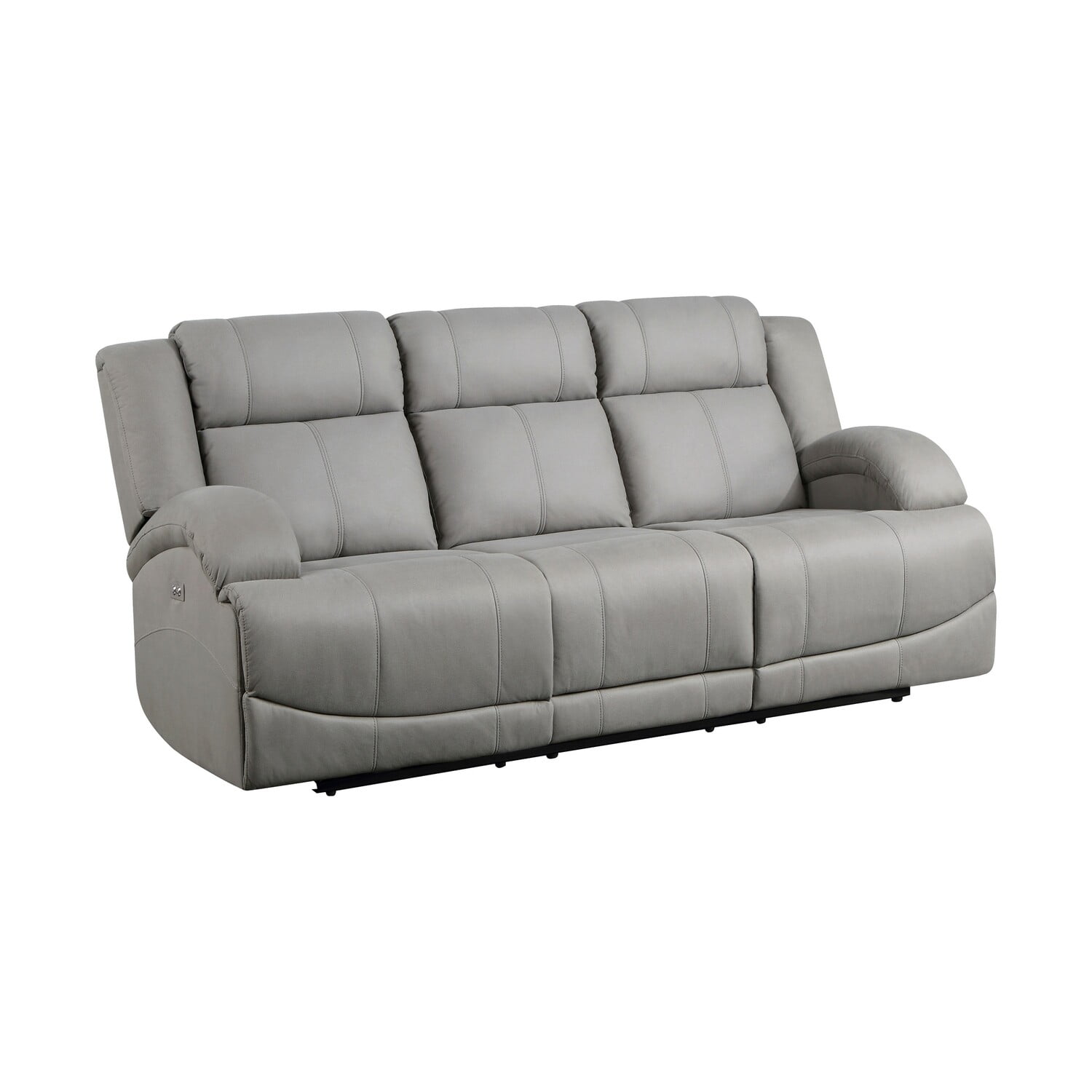 Benjara Kate 82 Inch Power Double Recliner Sofa, USB Ports, Gray Microfiber, Wood