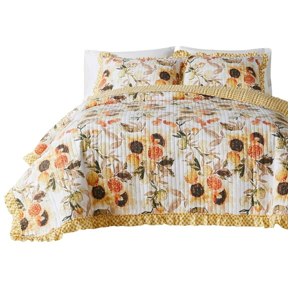 Benjara Kelsa 2 Piece Twin Quilt Set with Pillow Sham, Cotton, Ruffled Border, Gold