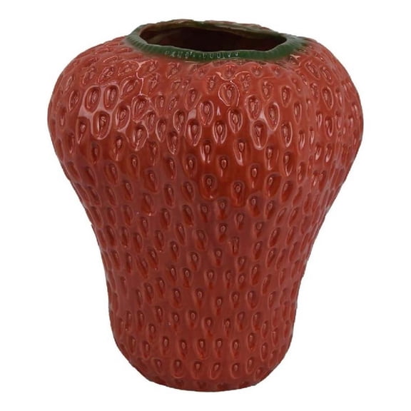 Benjara Kema Decorative Flower Vase- Strawberry Accent- 15" Red Ceramic