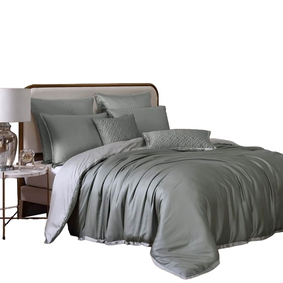 Keo 9pc King Comforter Set, Reversible, Soft Gray Silky Fabric