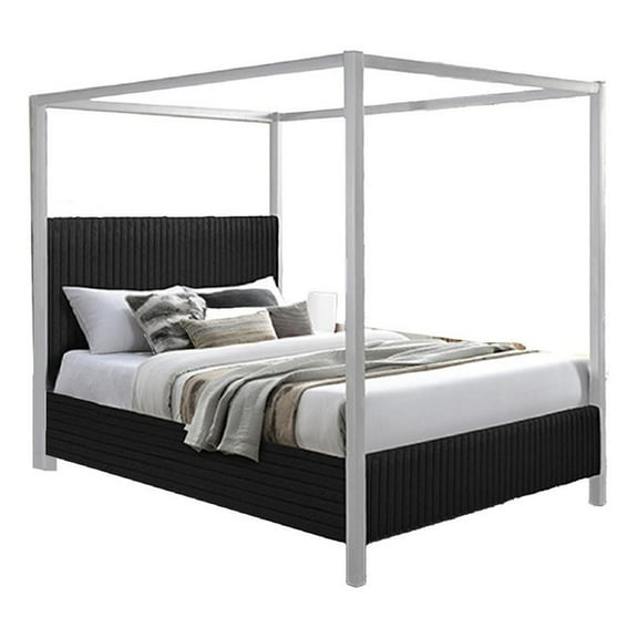 Keri King Size Canopy Bed- White Slatted Wood Frame- Black Upholstery