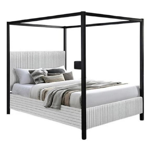 Keri Queen Canopy Bed- Black Slatted Wood Frame- White Upholstery