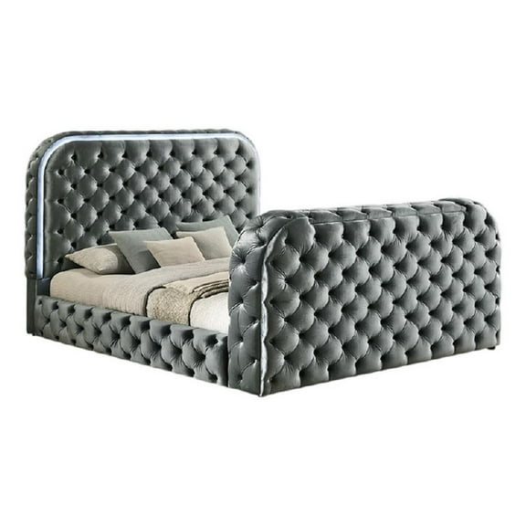 Kerie King Bed with LED Fireplace- Hidden Lift TV Stand- Gray Velvet