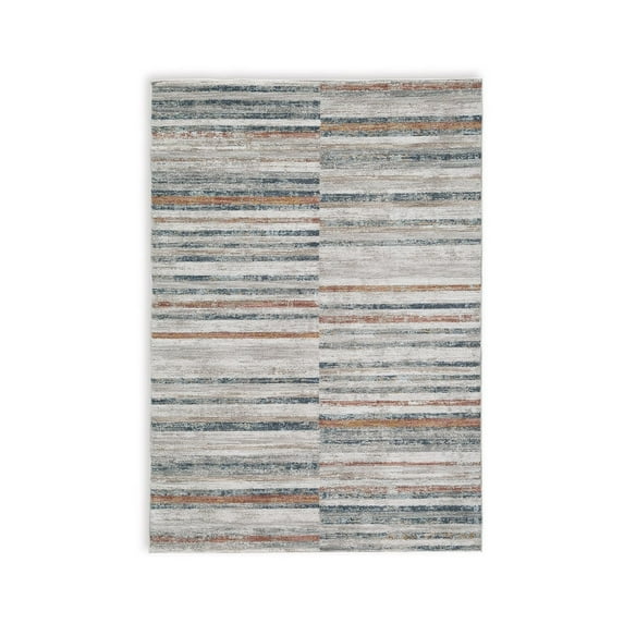 Benjara Kimya 8 x 10 Area Rug, Stripe Design, Polyester, Cotton Backing, Gray Blue
