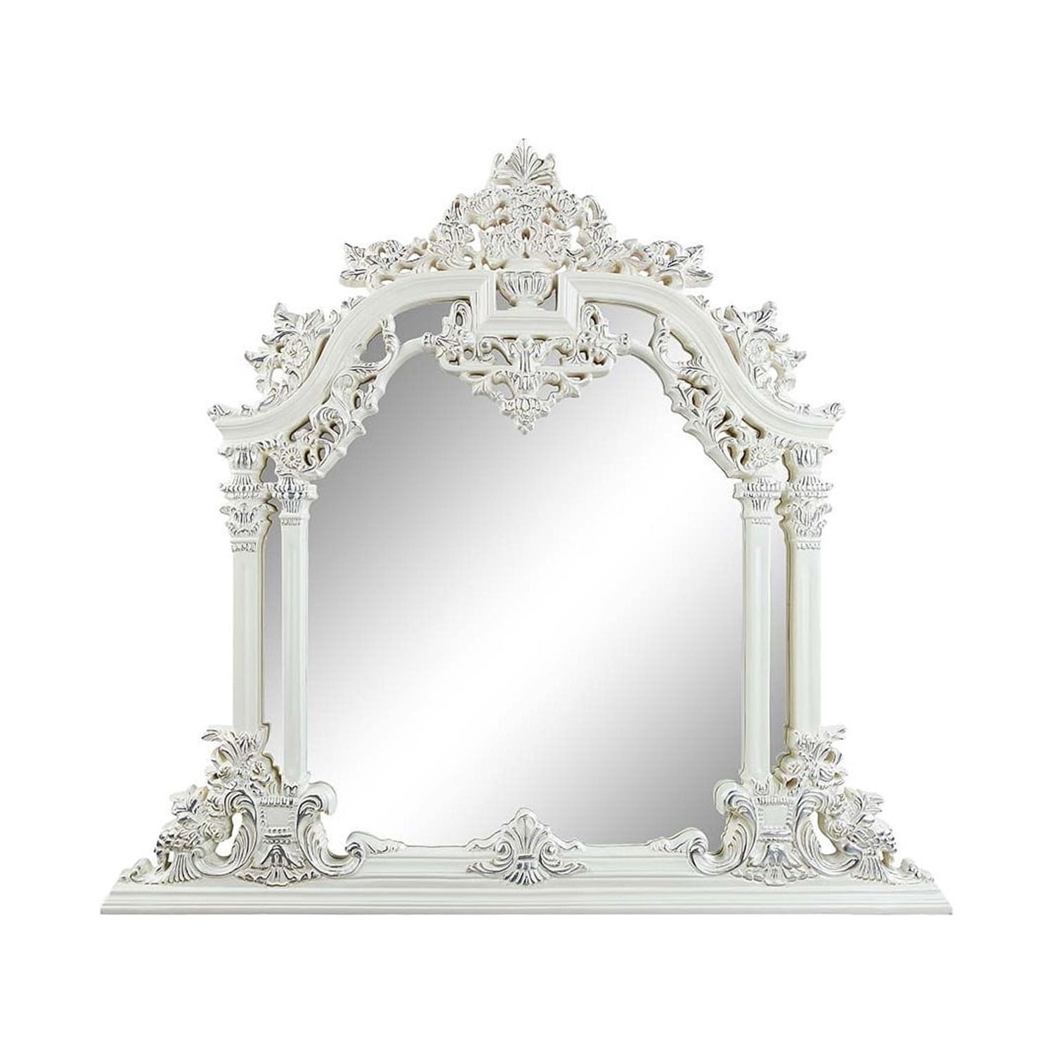 Benjara Kin 59 Inch Wood Mirror, Scrolled Ornate Carvings, Silver Trim ...