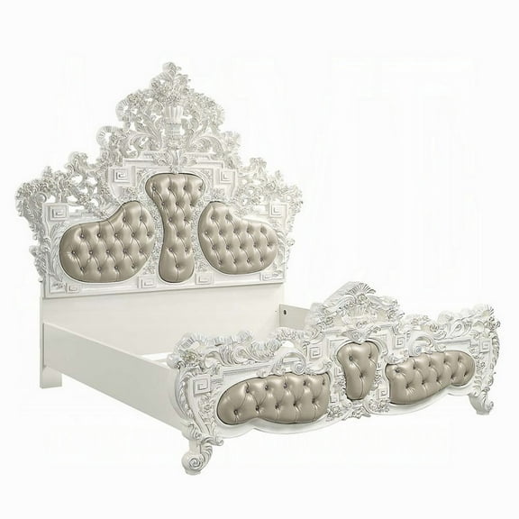 Kin King Size Bed, Ornate Vintage White, Tufted Beige Faux Leather