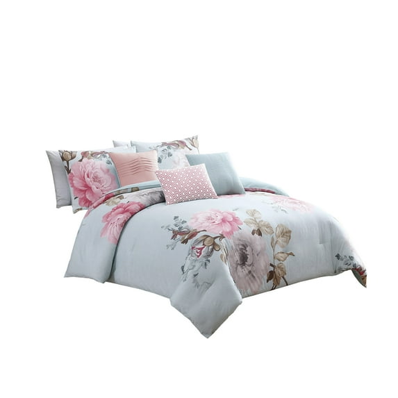 Benjara King Size 7 Piece Fabric Comforter Set with Floral Prints, Multicolor