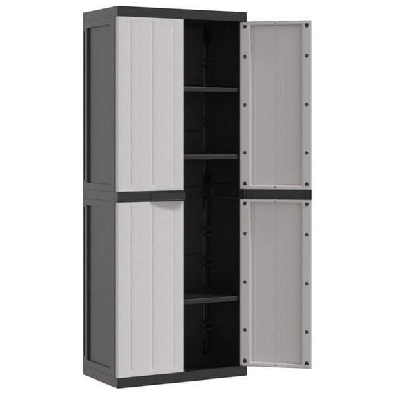 Benjara Kion Outdoor Storage Cabinet w 2 Doors, Shelves, 26 Inch Gray Black