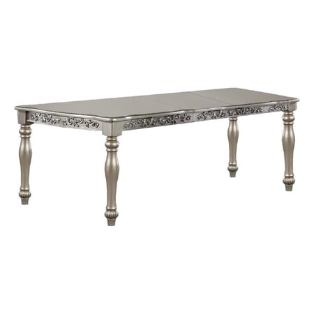 Benjara Kipp 78" Dining Table- 2 Extension Leafs- Floral Carved- Champagne Wood