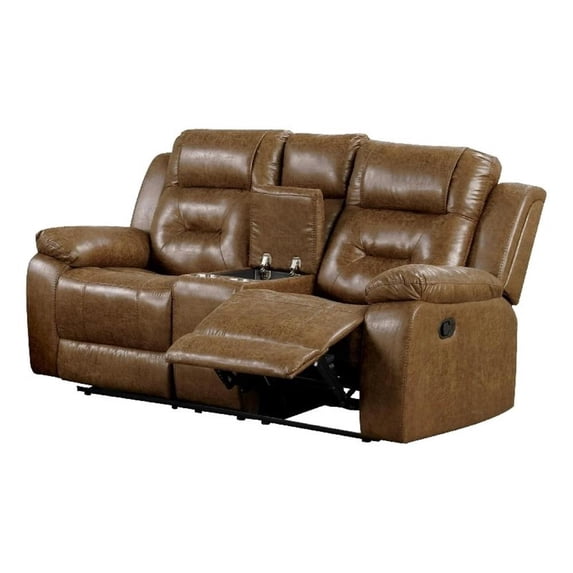 Benjara Kius Manual Recliner Loveseat- Brown Faux Leather- 70" w Cupholders