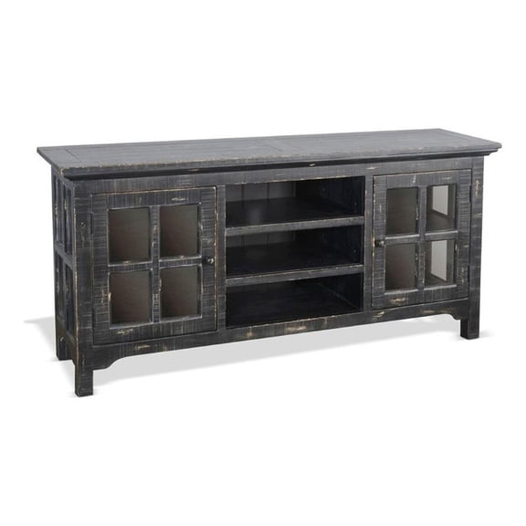 Benjara Kobe TV Stand Media Cabinet- Glass Doors- Farmhouse Black 62 Inch