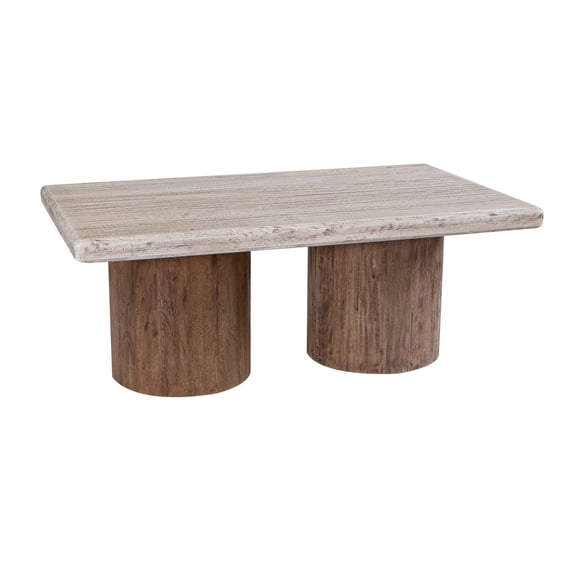 Benjara Kohl 50 Inch Cocktail Table, Brown Mango Wood, Drum Base, Cream Floated Top