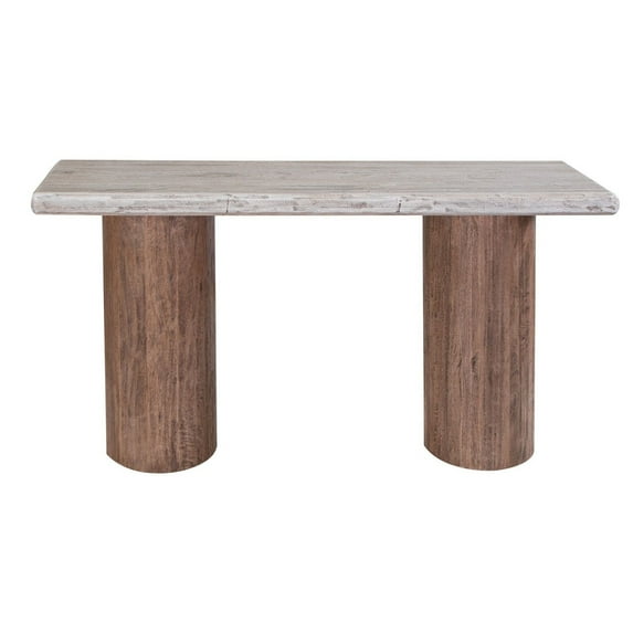 Benjara Kohl 55 Inch Sofa Table, Brown Mango Wood, Drum Base, Cream Floated Top