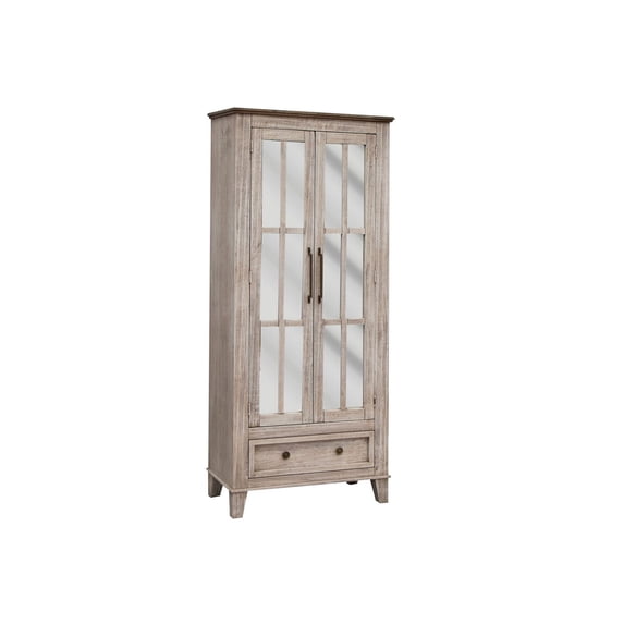 Benjara Kohl 70 Inch Cabinet, Drawer, Glass Doors, Solid Mango Wood, Cream Brown