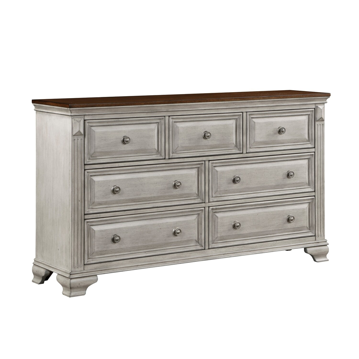 Kova 65 Inch Dual Tone Dresser, 7 Drawers, Routed Pilasters, Gray, Brown