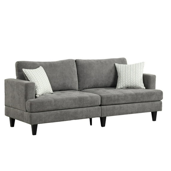 Benjara Lae 80 Inch Sofa with 2 Throw Pillows, Tufted, Gray Chenille Upholstery