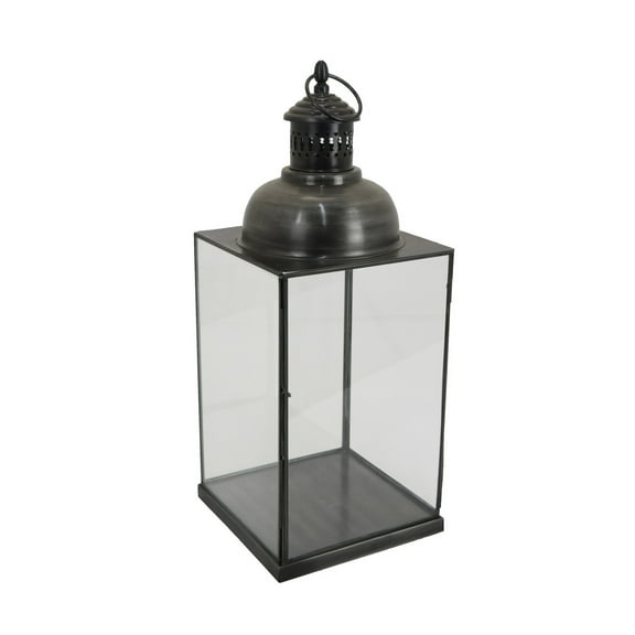 Laila Lantern, Black Metal, Glass Panels, Square Base, 18 Inch Tall