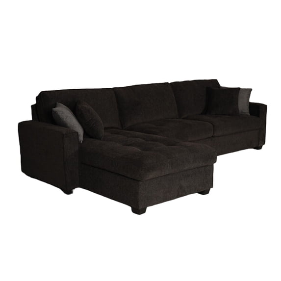 Benjara Lary 125 Inch Sectional Sofa, Reversible Chaise, Pillows, Black Chenille