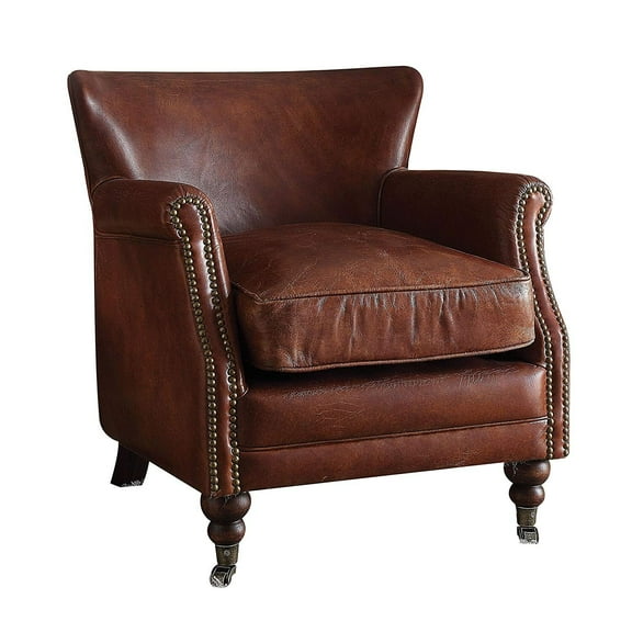 Leather Upholstered Accent Chair With Nail head Trim Dark Brown
