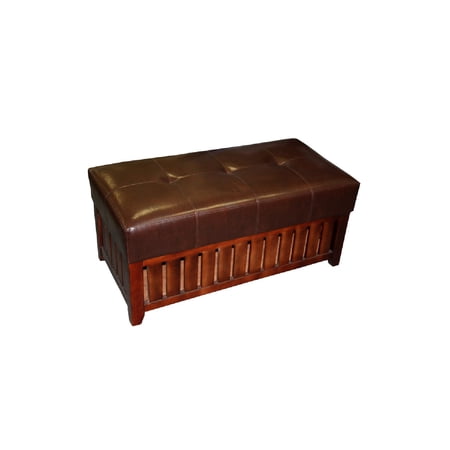 Leatherette Padded Storage Bench with Slatted Design on Frame, Brown- Saltoro Sherpi