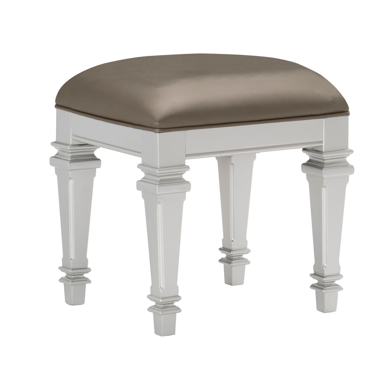 Silver Faux Leather Padded Vanity Stool with White Wooden Legs