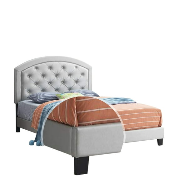 Benjara Leatherette Twin Size Platform Bed with Arched Adjustable Headboard, Silver