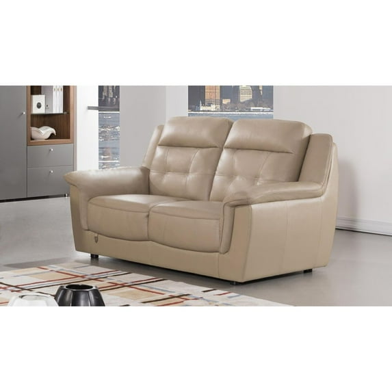 Benjara Leatherette Upholstered Wooden Loveseat with Split Cushioned Back and Stitch Trim, Beige