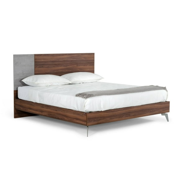 Benjara Leen King Size Bed with Tall Headboard, Italian Faux Concrete, Brown