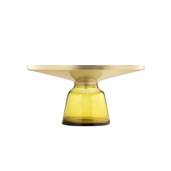 Benjara Len 30 Inch Coffee Table, Yellow Blown Glass Bell Base, Funnel Gold Steel