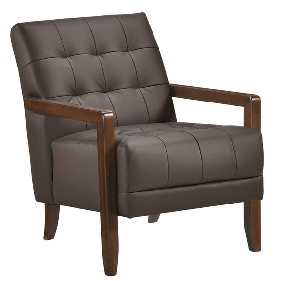 Lenie Accent Armchair- Button Tufted Dark Brown Leather- Wood Frame
