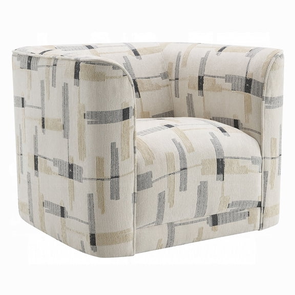 Benjara Lenu Swivel Accent Sofa Chair- Beige Pattern Fabric- Boxy Padded Seat