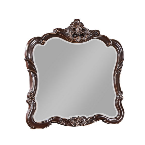 Benjara Leon 46 x 47 Dresser Mirror, Beveled, Carved Details, Dark Walnut Finish