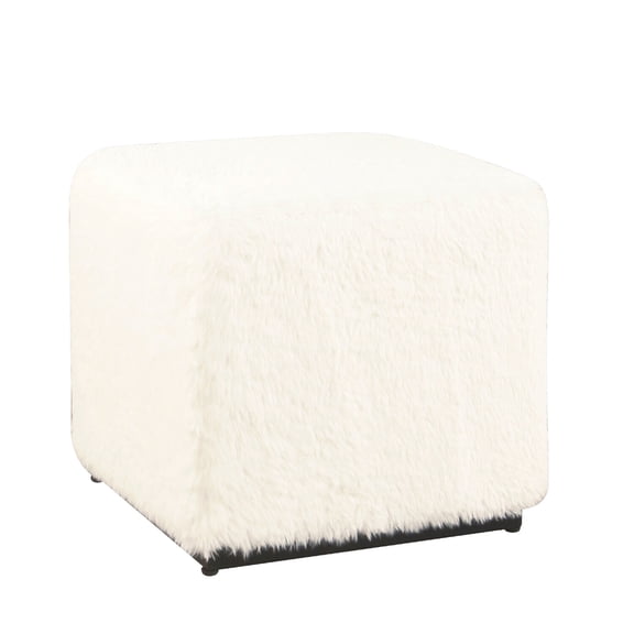 Benjara Lev Accent Ottoman- Square Cube SIlhouette with White Faux Fur 16 Inch