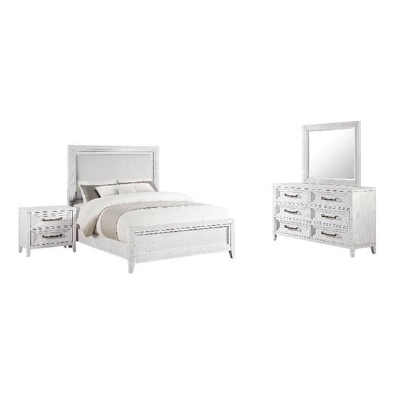 Leva 4pc Queen Bed Set with Dresser and Mirror- Distressed White