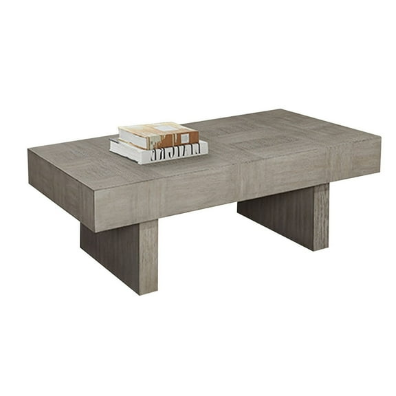 Lezy Coffee Table- 52 Inch- Gray Oak Wood Top- Double Pedestal Base