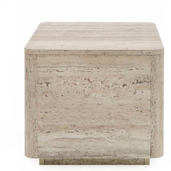 Lia 20 Inch End Table, Square Travertine Stone Finish Laminated Top