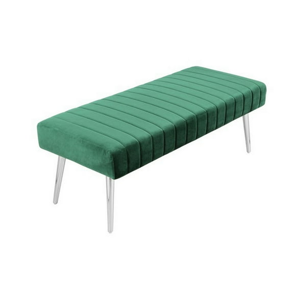 Benjara Lida 45 Inch Bench, Modern Tufted Lines, Green Soft Velvet, Chrome Metal