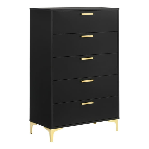 Lif 50 Inch Modern 5 Drawer Tall Dresser Chest, Gold Accents, Smooth Black