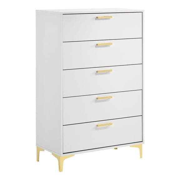 Lif 50 Inch Modern 5 Drawer Tall Dresser Chest, Gold Accents, Smooth White