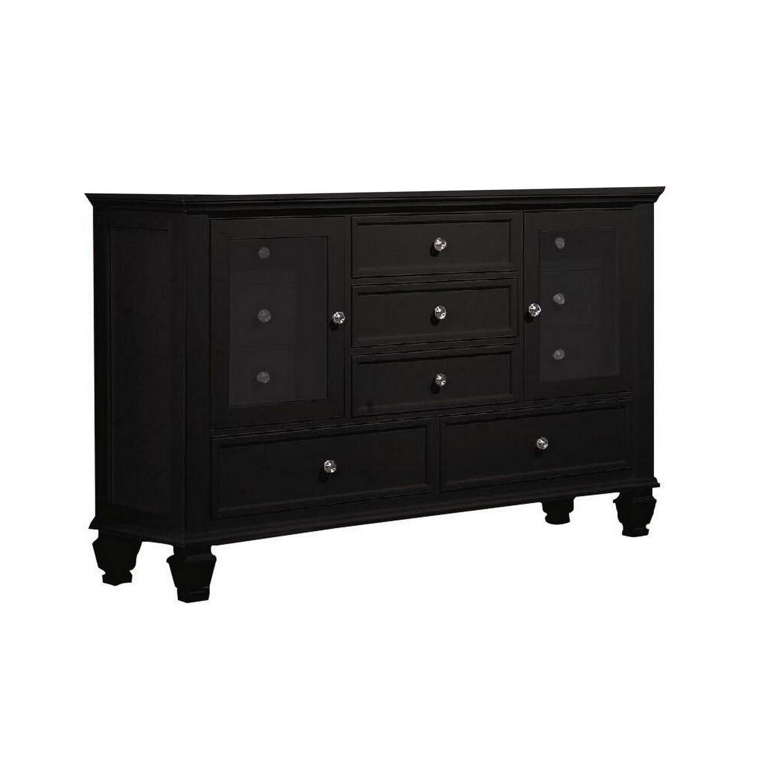 Benjara Lila 61 Inch 11 Drawer Wide Dresser, 2 Glass Doors, Felt Lined, Black Wood