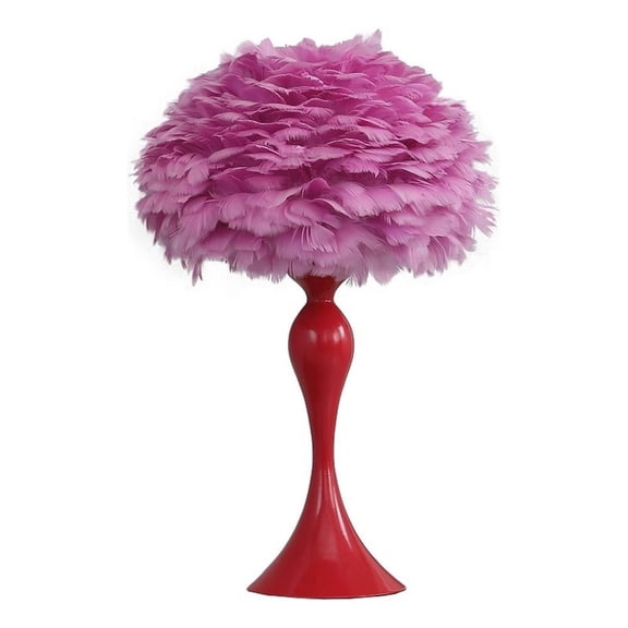 Benjara Lily 24" Metal Glam Feather Table Lamp- Candlestick- 40W- Pink- Red