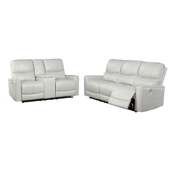 Benjara Lima 2pc Power Reclining Sofa and Loveseat Set- Ivory Faux Leather