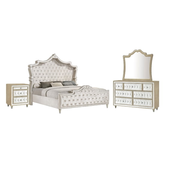 Benjara Lino 4 Piece Queen Bedroom Set, Classic Ivory White Velvet Upholstery
