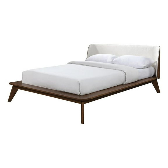 Linzy Queen Bed- Beige Boucle Upholstered Winged Edge- Brown Solid Wood