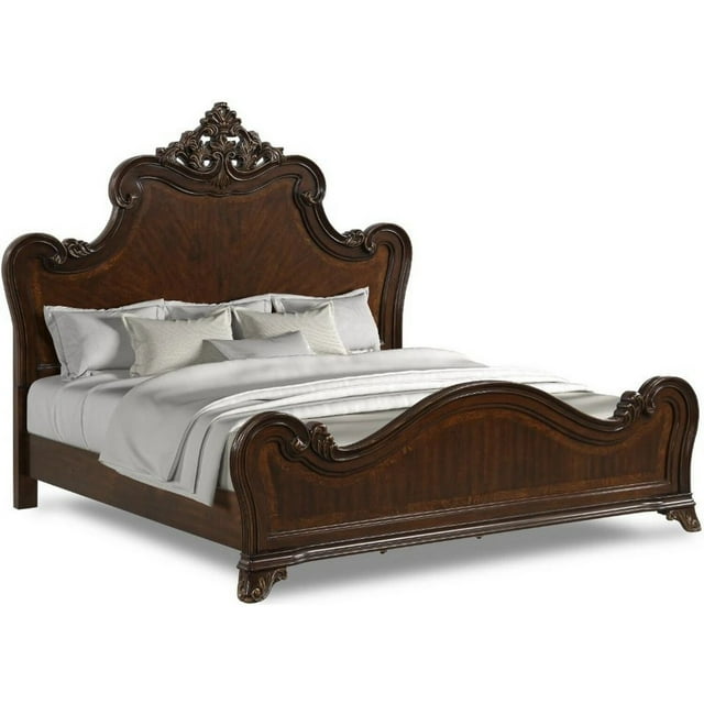 Benjara Lisa Queen Size Bed Traditional Carved Ornate Details, Classic Cherry Brown