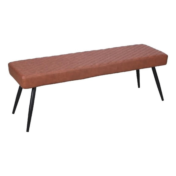 Benjara Lopi Dining Bench- 54" Cognac Brown Faux Leather Seat- Metal Legs