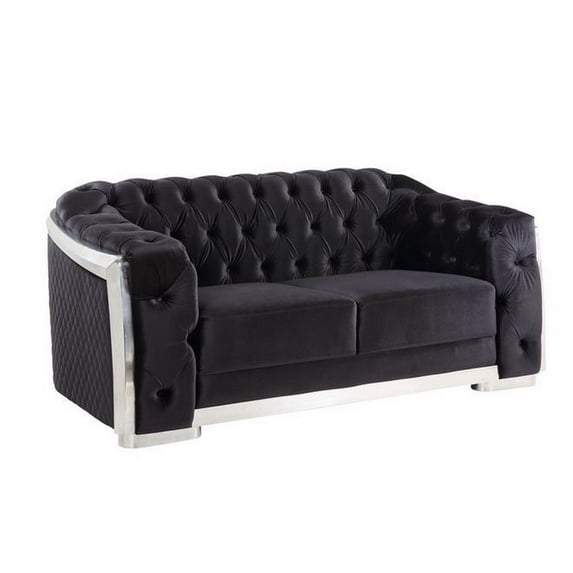 Benjara Loveseat with Button Tufting and Metal Trim, Black and Chrome